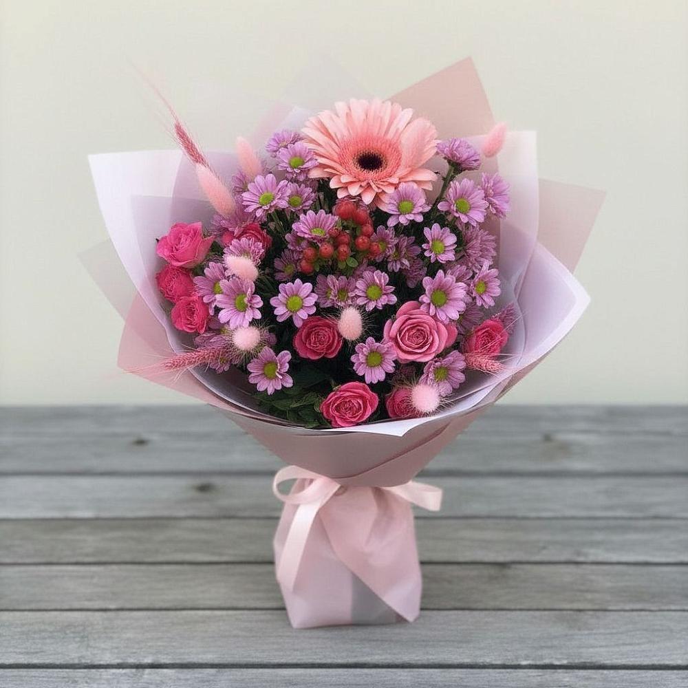 Букет цветов из: Розы, Герберы и Хризантемы во Владимировской