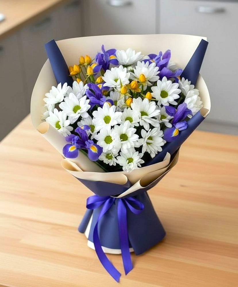 Букет цветов из: Розы, Ирисы и Хризантемы во Владимировской
