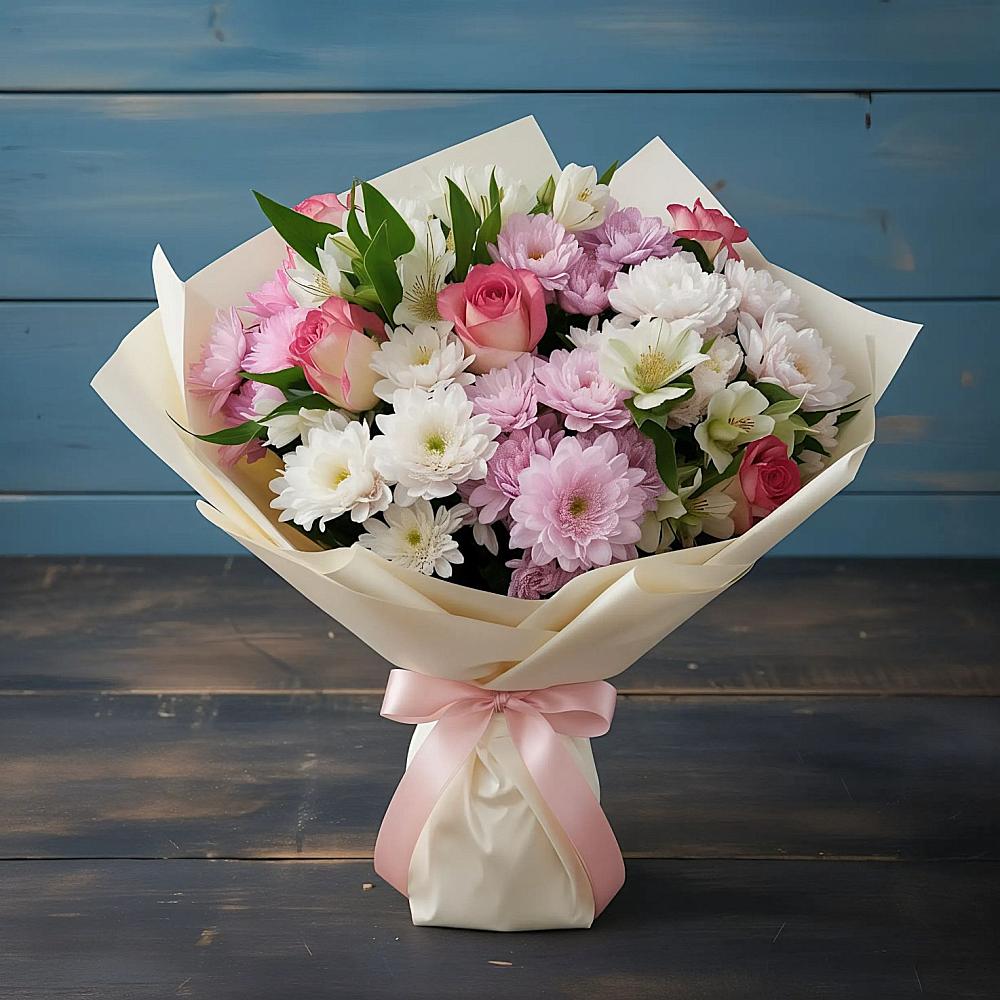 Букет цветов из: Хризантемы, Альстромерии и Розы во Владимировской